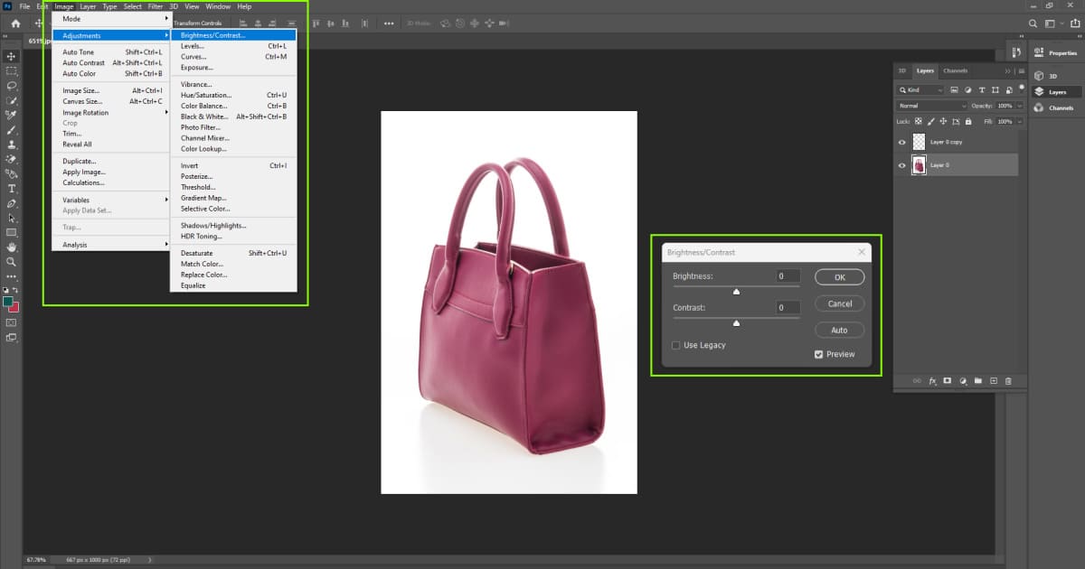 Screenshot of Photoshop showing the contrast adjustment process.