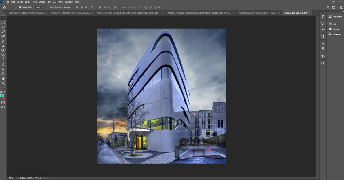 An architectural building is being edited in Photoshop