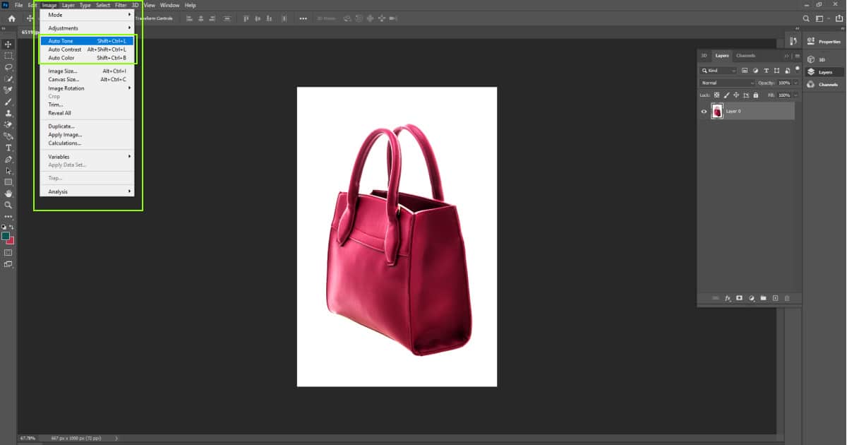 Image being edited in Adobe Photoshop, showcasing automatic photo enhancement features.