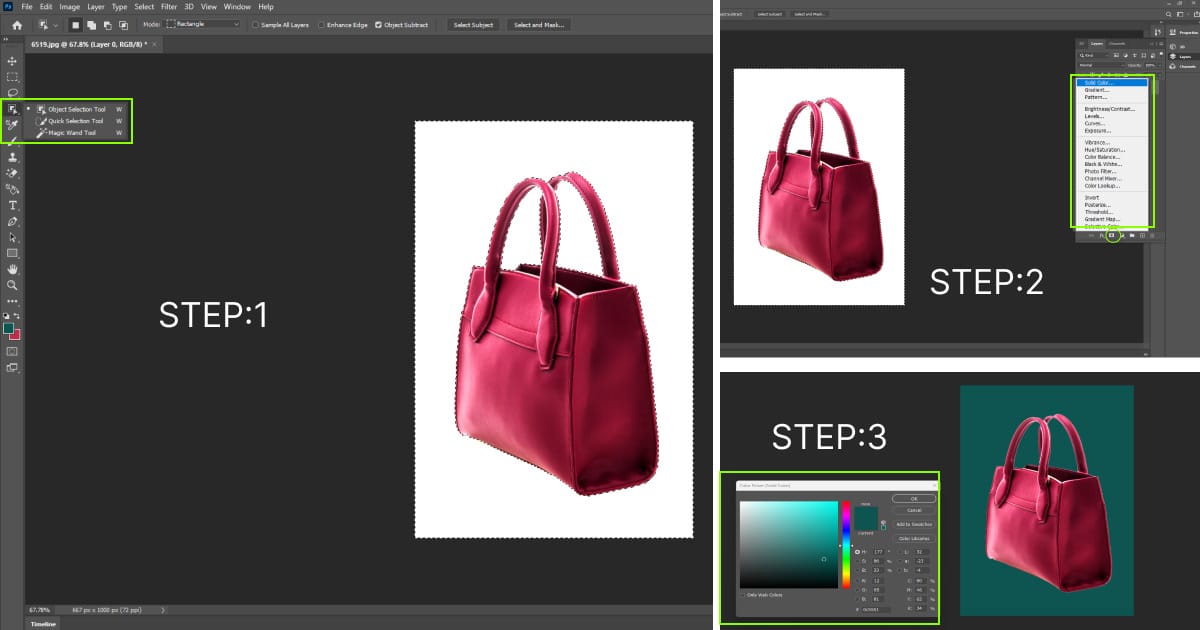 Visual guide on crafting a handbag in Photoshop, highlighting essential background editing steps.