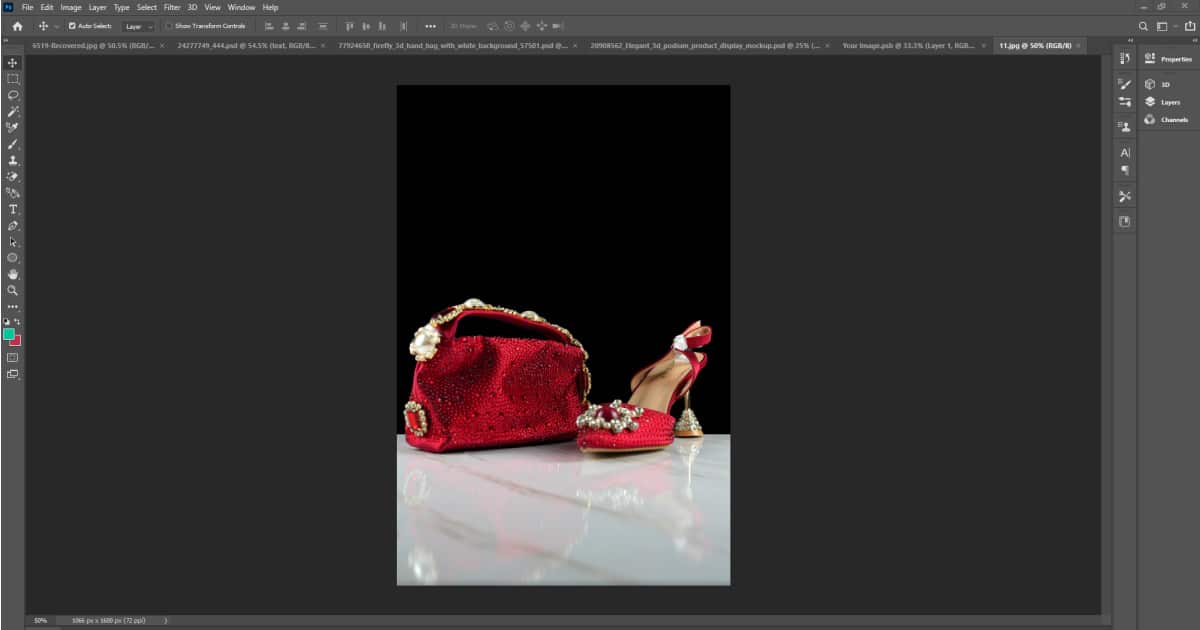 A red purse and matching shoes displayed in Photoshop, showcasing advanced compositing techniques.