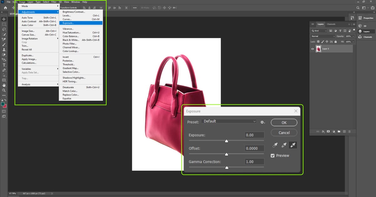 An image being edited in Photoshop, focusing on adjusting exposure settings.