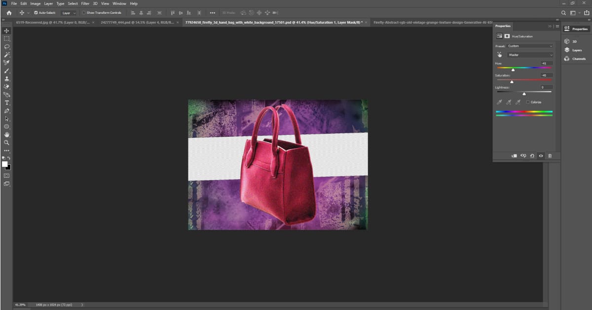 A pink purse displayed within the Photoshop interface, showcasing image manipulation techniques.