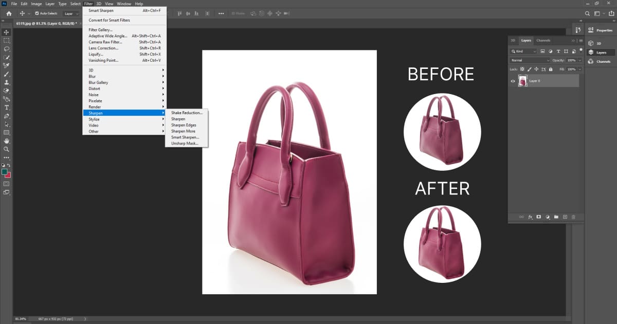 A pink purse displayed in Photoshop, showcasing enhanced details through image sharpening techniques