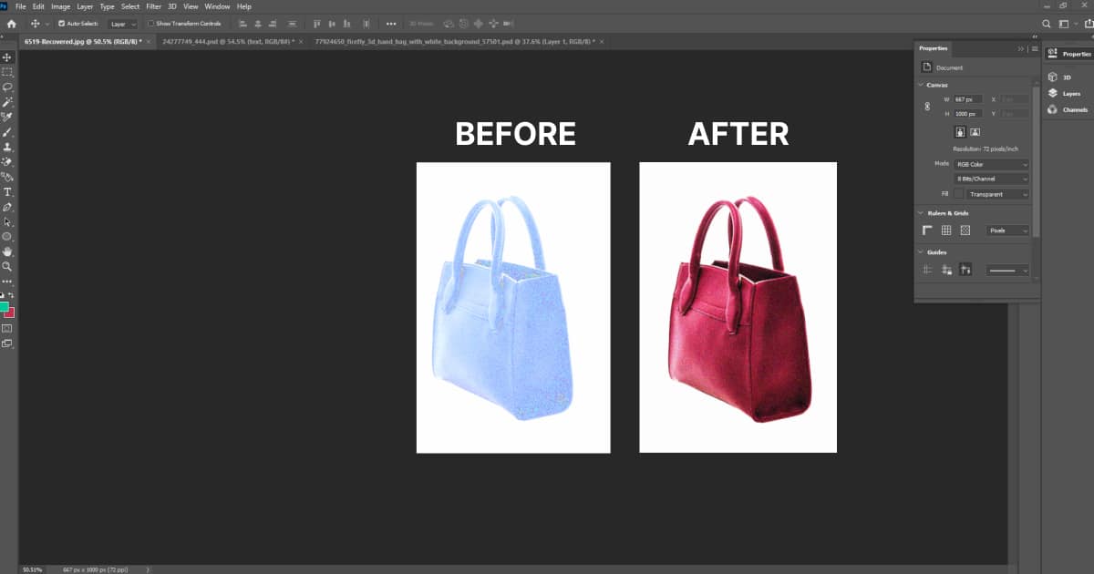 The process of editing a bag in Photoshop is depicted, focusing on the restoration of an old photo.