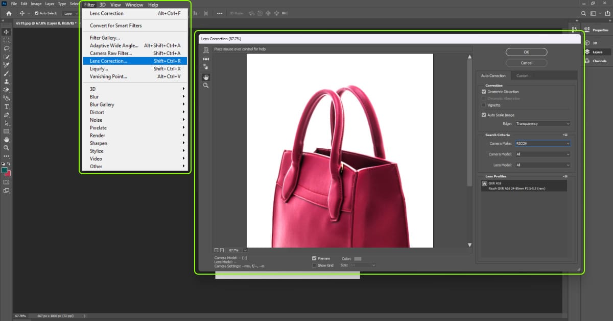 The Photoshop image editor displays a pink purse with applied photo lens correction effects.