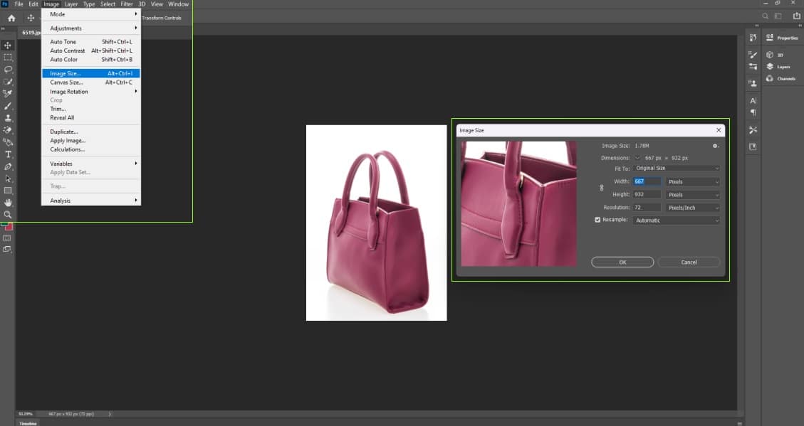 An image being edited in Adobe Photoshop, showcasing the process of resizing a photo.