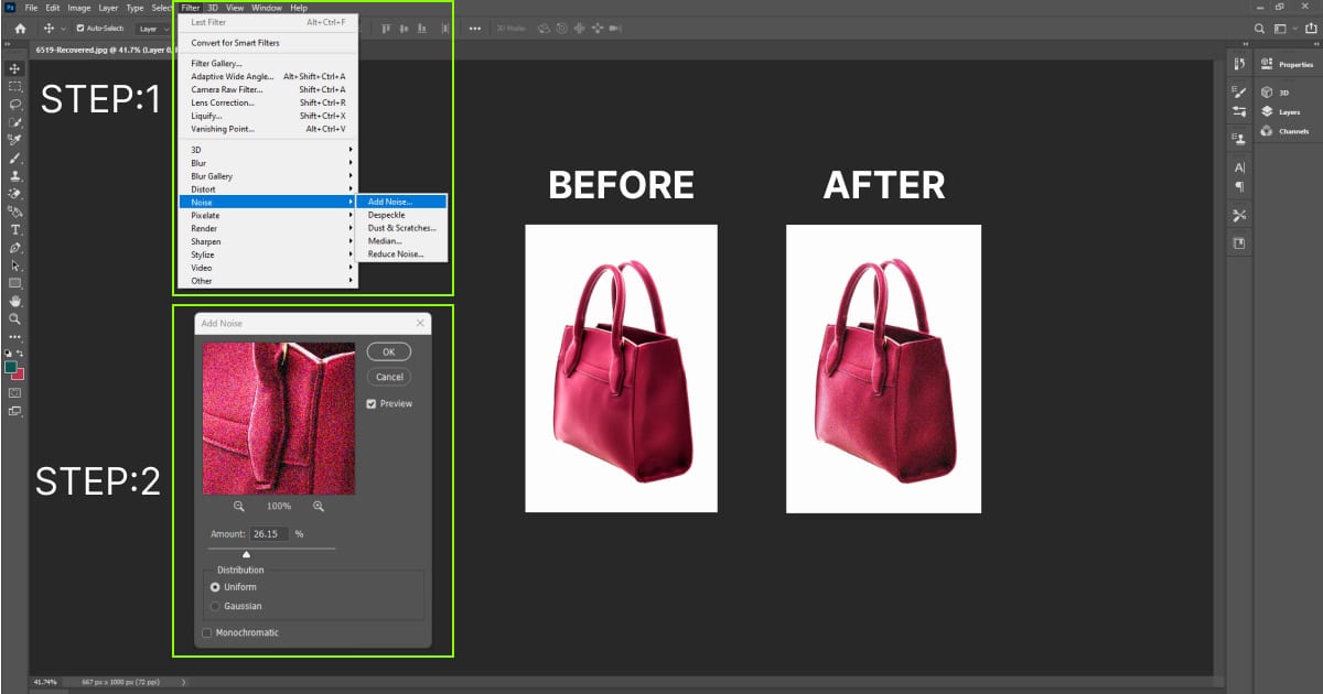 Before and after image showcasing a red purse, highlighting the transformation with special effects applied.