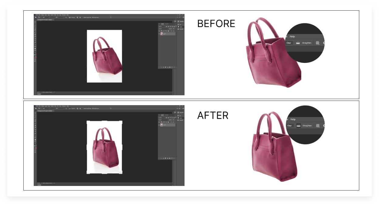 A pink purse depicted in two images, highlighting the differences achieved through photo straightening adjustments.