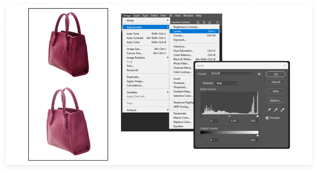 Image showing a purse alongside a second image of the same purse, highlighting white balance adjustments.