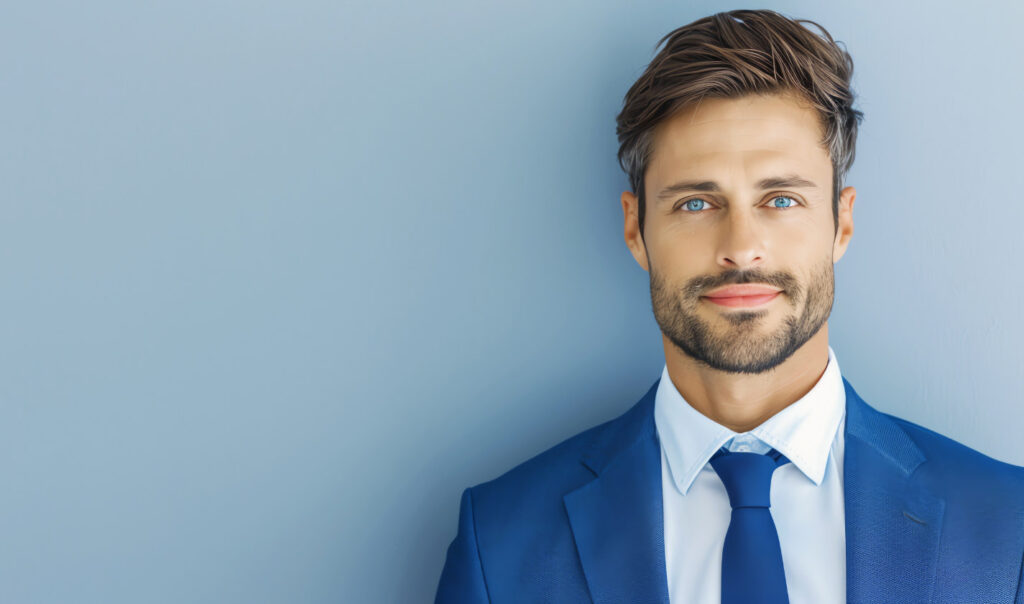Professional headshot of a man wearing a blue suit and tie, set against a simple business background.