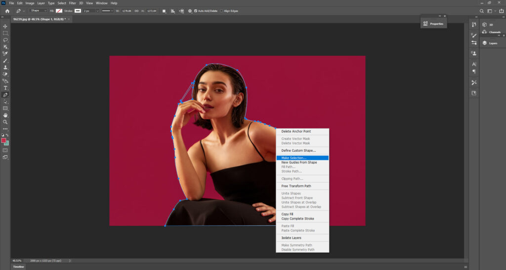 Screenshot of Adobe Photoshop with the "Make Selection" feature actively being utilized in an editing process.