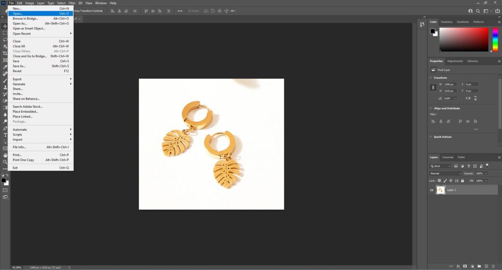 Opening image in the Photoshop interface.