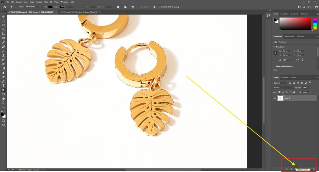 Visual guide for crafting a leaf-shaped earring in Adobe Photoshop, highlighting the background removal step.