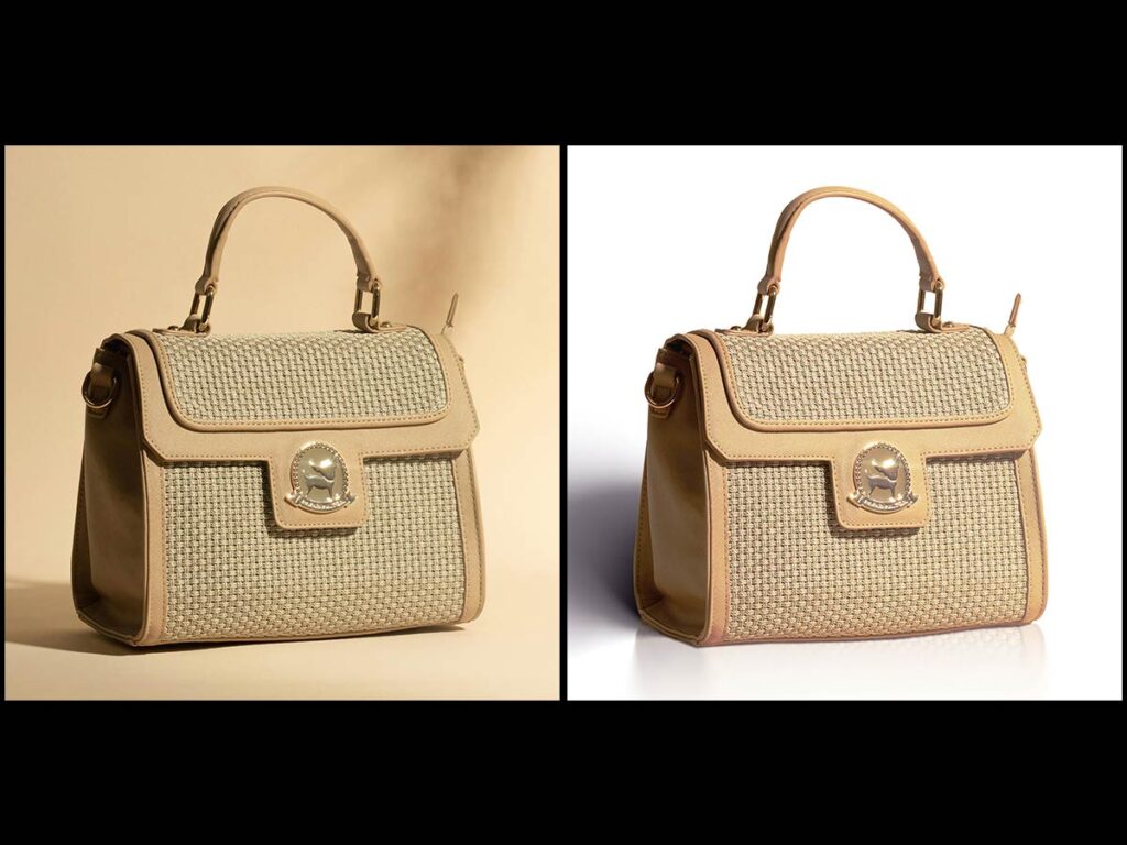 Two pictures of a handbag and a purse, showcasing the transformation from the original to the edited version in Photoshop.