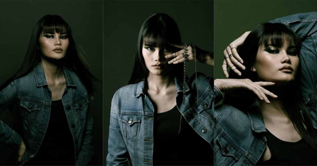 Three images of a woman in a denim jacket, showcasing different poses and styles in a fashion photo retouching context.