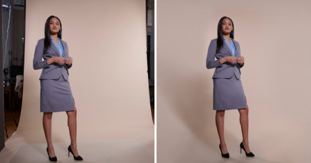 Two images of a woman in a business suit, showcasing custom creative editing.