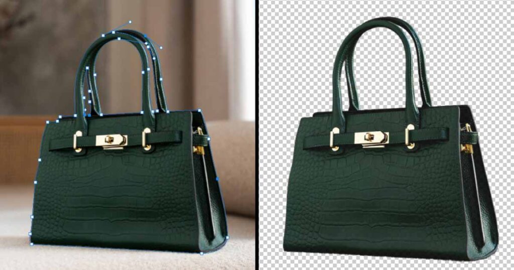 Two views of a green purse, highlighting its features with a detailed clipping path.