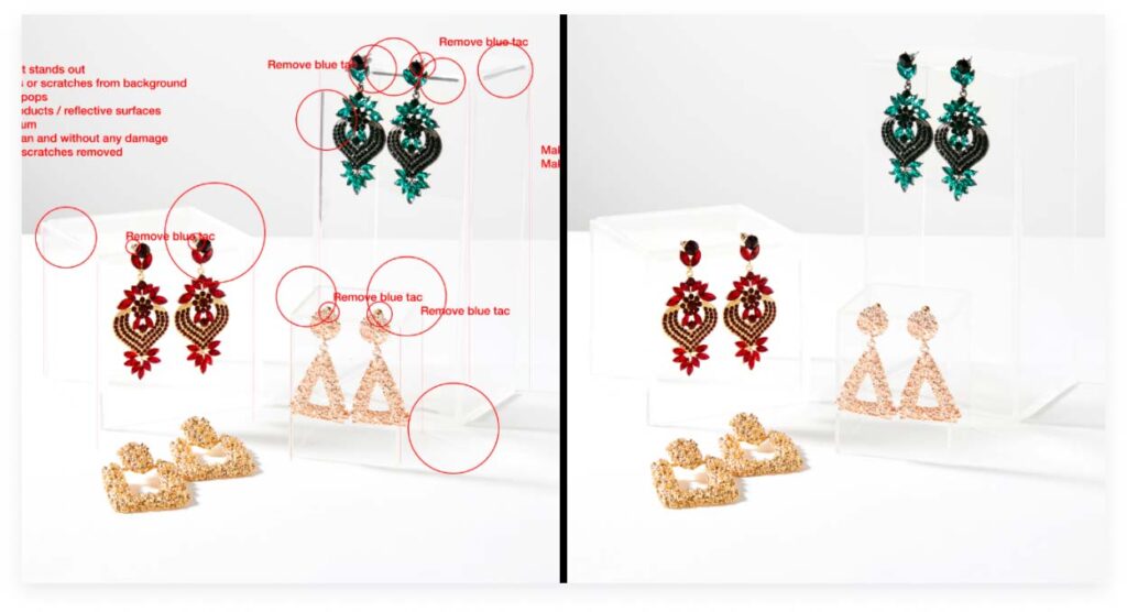 Two images of elegant earrings displayed alongside a close-up of a pair, showcasing high-end product photo editing.