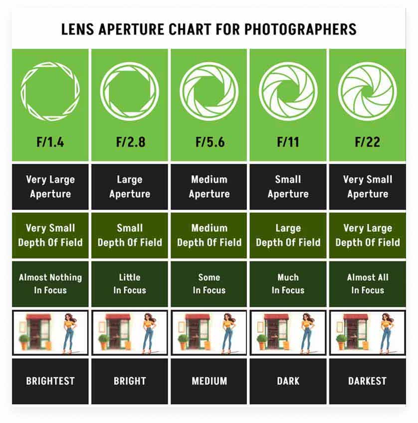 Lens aperture chart for photographers infographic