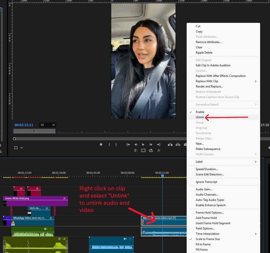 Select unlink to unlink audio and video