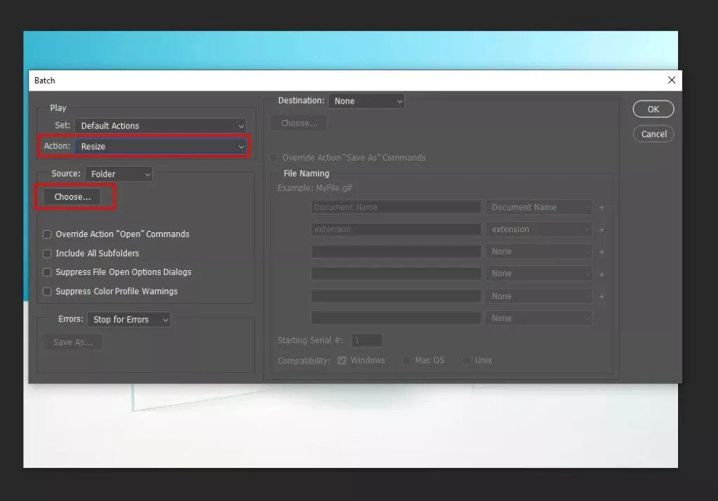 Select your resize action