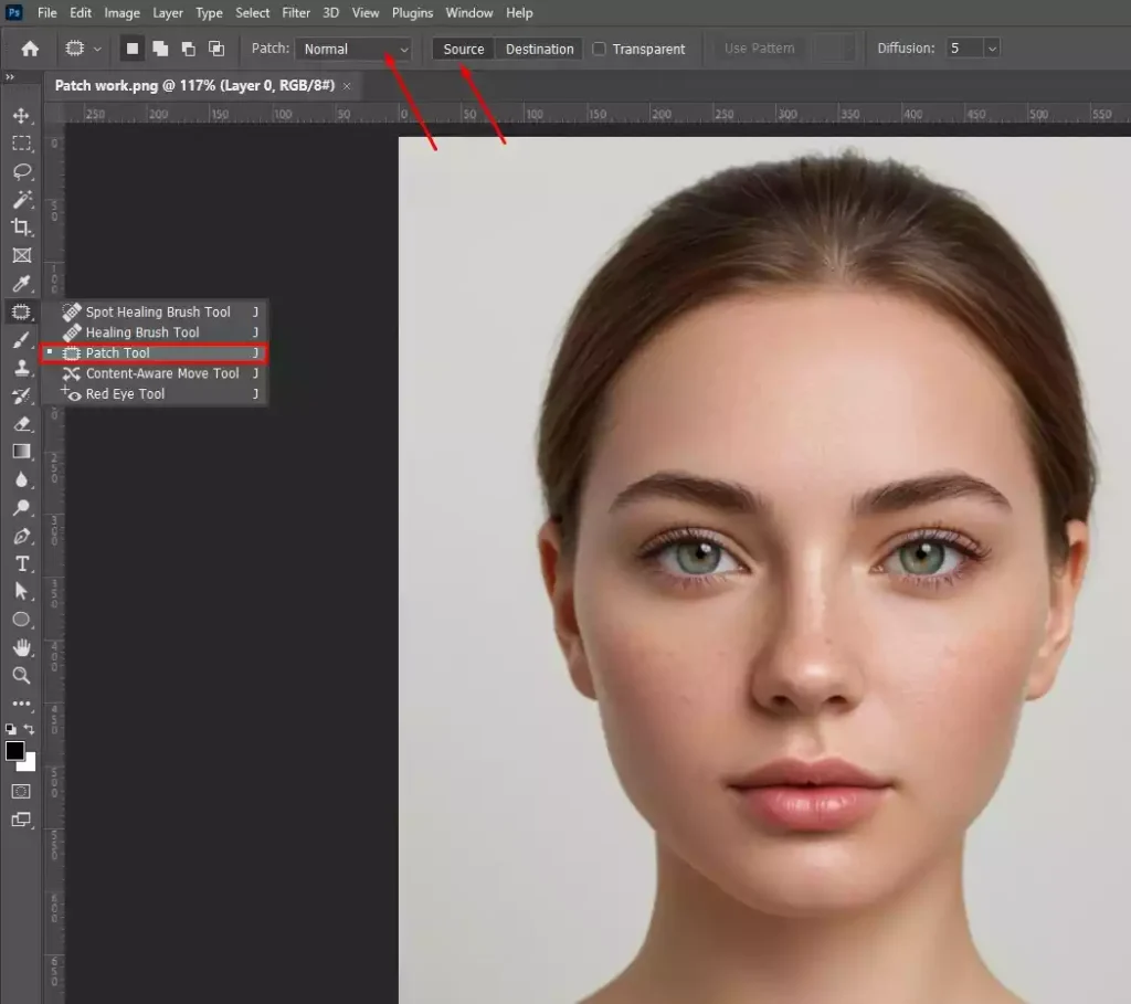 Open the image and activate the patch tool